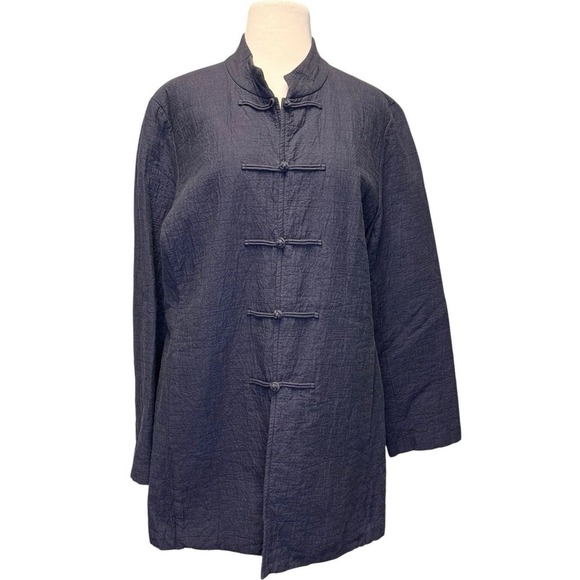 Eileen Fisher Mandarin Collar Jacket Medium Blue Frog Closure Long Textured - Picture 1 of 9